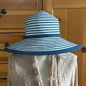 Beige Crochet Open Cardigan with Navy & White Striped Sun Hat